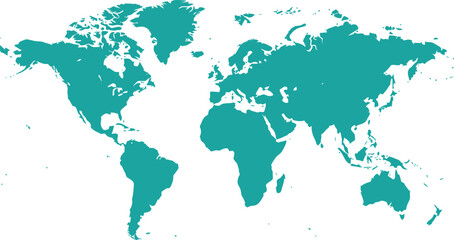Obraz premium A teal colored map of the world on a white background