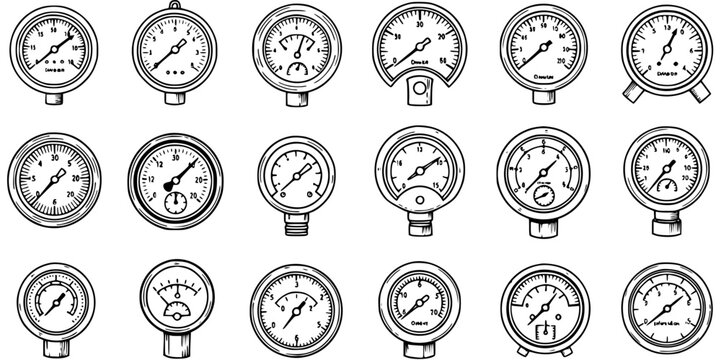 Black and White Line Art Icons of Various Pressure Gauges and Dials for Industrial Measurement