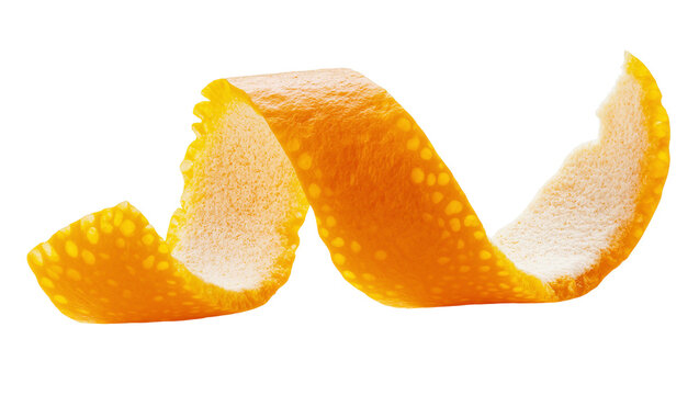 Isolated vibrant orange peel strip elegantly curled, essential ingredient for cooking and cocktails