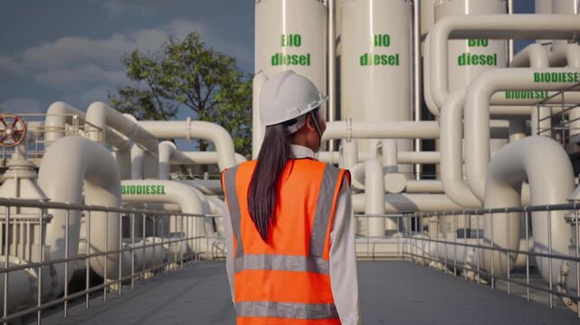 Back of Asian Female Engineer Walking at Modern Biodiesel Production Facility with Industrial Piping and Storage Tanks