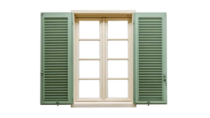 Fotobehang Betoverde Bos Isolated charming window with open green louvered shutters and natural wood frame.  © Dennis