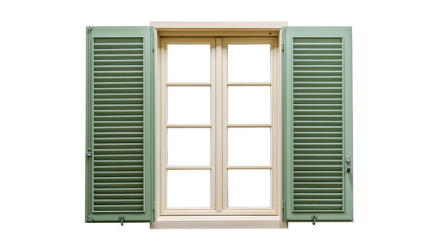 Isolated charming window with open green louvered shutters and natural wood frame.
