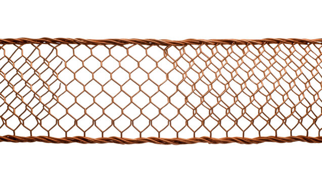 Isolated strip of brown metallic chicken wire mesh, durable hexagonal fencing material pattern