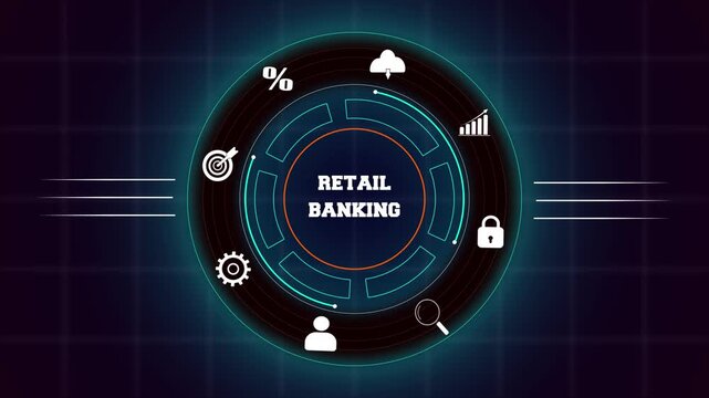 Modern retail banking digital services visualization with hud animation, showing futuristic financial icons for personal money management