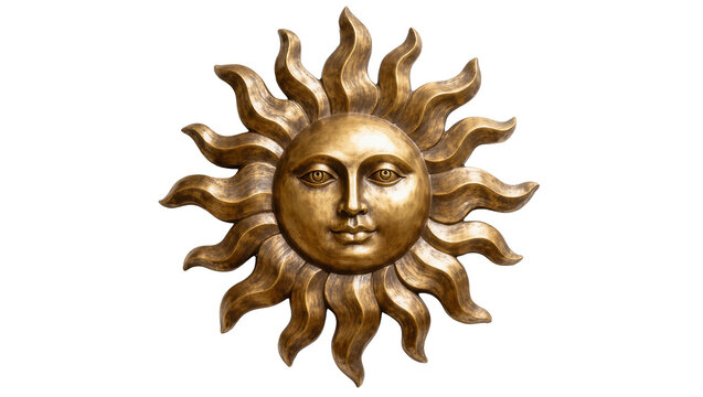 Isolated radiant golden sun face with decorative rays, representing warmth and enlightenment