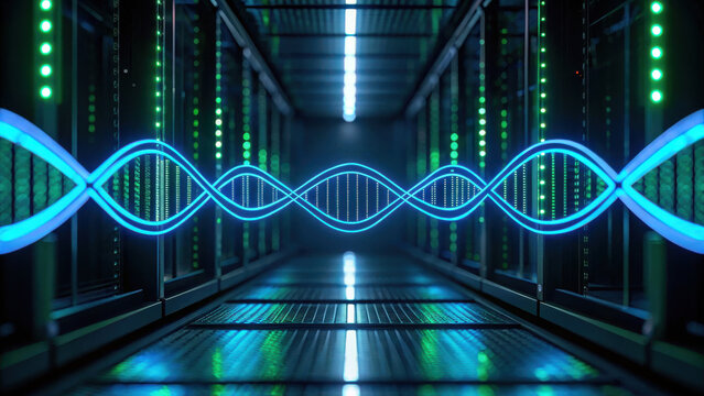 Biotech mergers acquisitions concept with glowing DNA strand in futuristic data center corridor showing innovation and technology progress