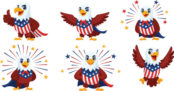 Patriotic eagle cartoon collection with USA flag costume fireworks American symbol freedom celebration vector illustration set