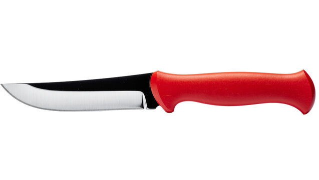 Isolated professional stainless steel kitchen knife with sharp blade and red ergonomic handle.