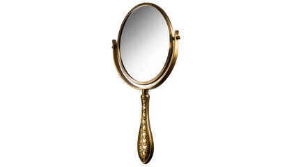 Isolated ornate antique gold metal oval mirror with decorative handle for elegant grooming © Dennis