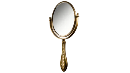 Fotobehang Goud Isolated ornate antique gold metal oval mirror with decorative handle for elegant grooming  © Dennis