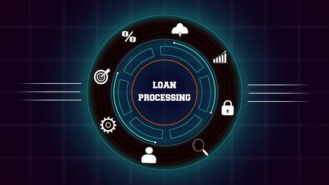 Corporate loan processing and mortgage approval with hud animation, featuring futuristic digital icons for professional bank lending