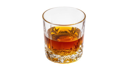 Isolated stylish glass filled with rich golden amber whiskey or bourbon alcoholic beverage