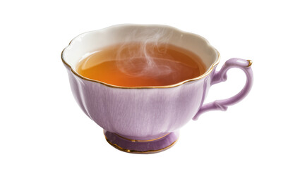 Isolated elegant purple porcelain teacup with steaming hot tea and gold trim