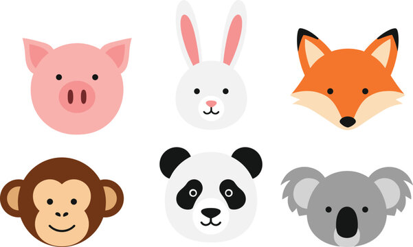 Set of cute animal face vector illustrations featuring pink pig white bunny orange fox brown monkey giant panda and grey koala isolated on white background.Set of cute animal face vector illustrations