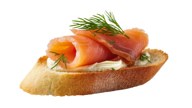 Isolated gourmet smoked salmon crostini with cream cheese and fresh dill appetizer closeup.
