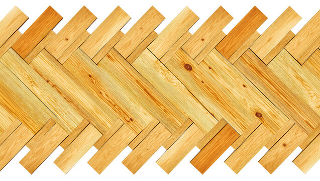 Isolated natural light wooden planks arranged in elegant herringbone parquet floor pattern with visible grain.