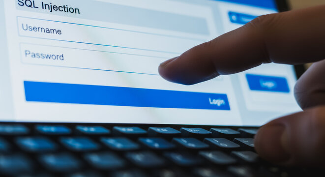 Close up of a person attempting a login while performing a SQL injection attack on a digital tablet screen interface.