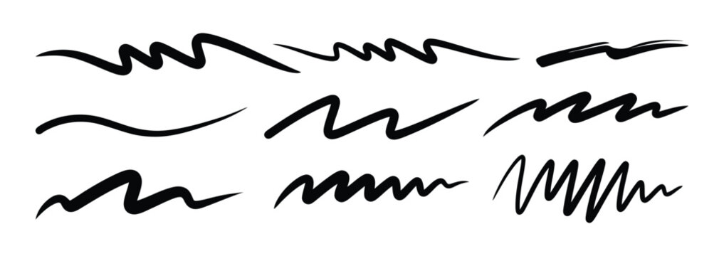 A collection of various black squiggly lines and scribbles on a white background for artistic and design purposes
