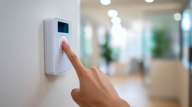 A person's hand presses a finger on the screen of an electronic access control device installed at the entrance door of an office building. Security concept, access system.