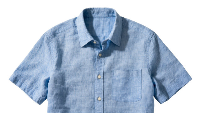 Isolated light blue short sleeve linen shirt for men, casual summer apparel clothing