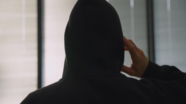 Hacker man with black hoodie holding phone to his ear talking making deal. Criminal suspicious activity or mysterious person standing inside apartment by closed window speaking on mobile phone