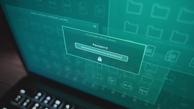 Close up on laptop computer screen entering typing correct password to gain access to sensitive private data by hacker group or spy agent. Government archive breach of security by remote access virus