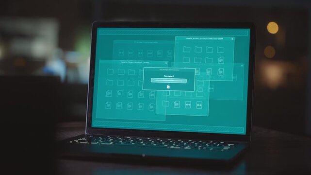 Typing correct password on laptop computer at night in office desk. Hacker spy breaking into government server system. Gain control of private data top secret files and documents. Security breach