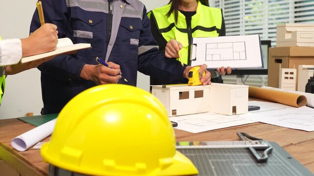 brainstorming and measuring for cost estimating on paperworks and floor plan drawings about design architectural and engineering for houses and buildings.
