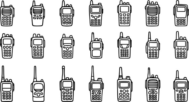 Line Art Walkie Talkie Icons Set. Black and White Hand-Drawn Two Way Radio Vector Collection for Communication, Security, Public Safety, and Outdoor Design.