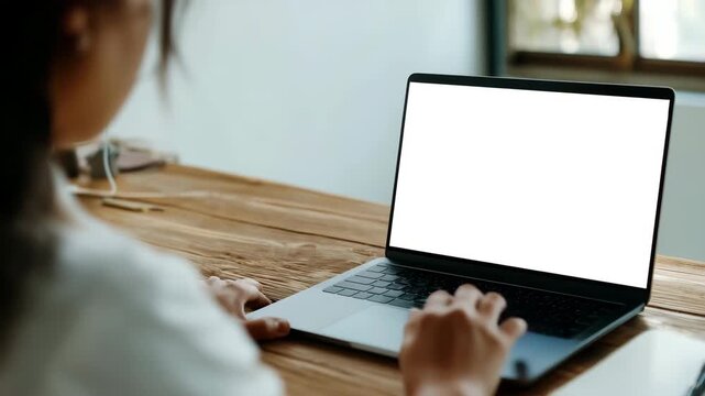 Close-up workspace scene with coffee cup laptop and woman working remotely Close-up workspace scene of a woman holding a paper coffee cup beside a laptop, notebook and pen on the
