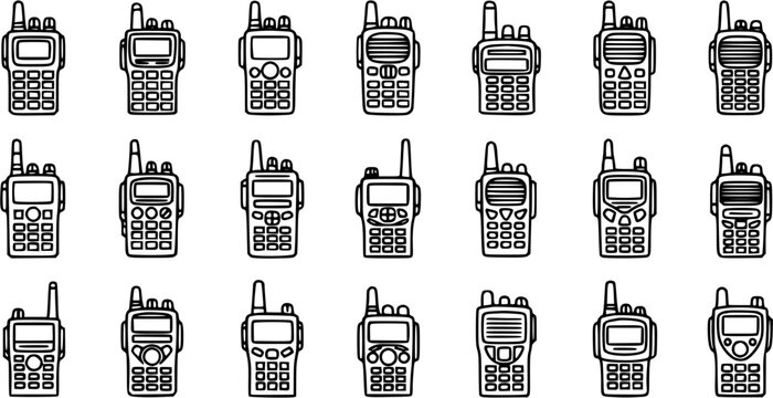 Line Art Walkie-Talkie Icons Collection. Two-Way Radio Communication Devices for Security, Emergency Services, Logistics, and Outdoor Activities.