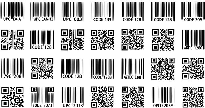Comprehensive Technology Barcode and QR Code Vector Set. Black and White Line Art Glyphs for Retail, Logistics, and Data Identification Systems.