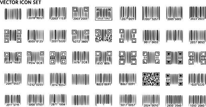 Vector Icon Set of Barcodes and QR Codes, Technology and Retail Symbols, Black and White Line Art