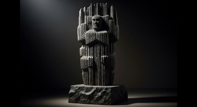 Mysterious Stone Statue with Uplifted Hands in Dramatic Lighting.