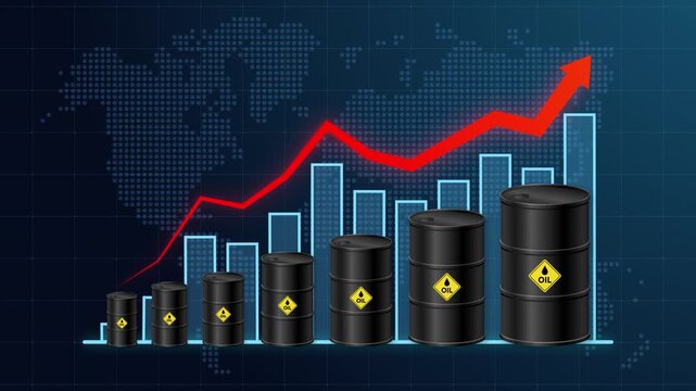 Rising crude oil price and global energy crisis with stacked barrels, bar chart and upward arrow. Illustrating market growth, inflation surge, increasing costs, and economic recession. 4K animation
