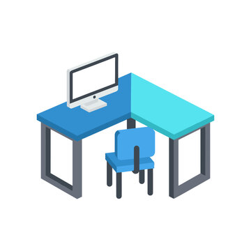 A blue desk with a computer and chair