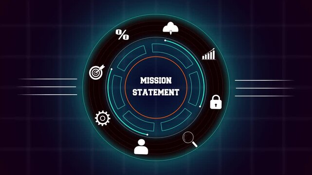Corporate mission statement and company vision with hud animation featuring digital interface icons for professional branding