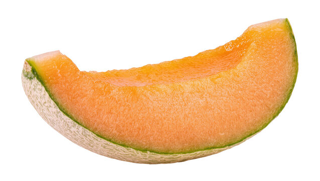 Isolated fresh ripe cantaloupe slice with vibrant orange flesh and green rind, delicious summer fruit