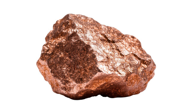 Isolated natural copper nugget with rough texture, shiny metallic luster, and reddish-brown color