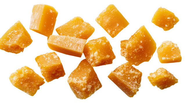 Isolated scattered chunks of unrefined natural palm sugar jaggery rock candy