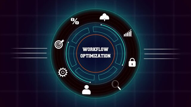 Business workflow optimization and process efficiency with hud animation featuring digital interface icons for corporate