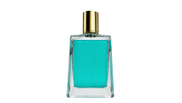 Isolated elegant rectangular glass perfume bottle with vibrant turquoise liquid and gold cap
