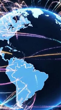 Illuminated digital globe rotates showing continents with bright streaming data connections and global network motion video footage