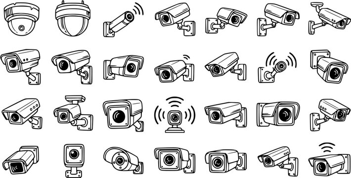 Black and White Line Art Icons of Various Security Cameras for Technology and Surveillance
