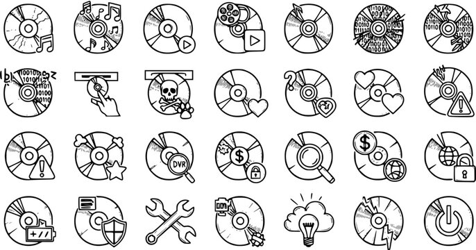 Black and White Line Art Icons of CDs, Technology, Data, and Digital Media Concepts