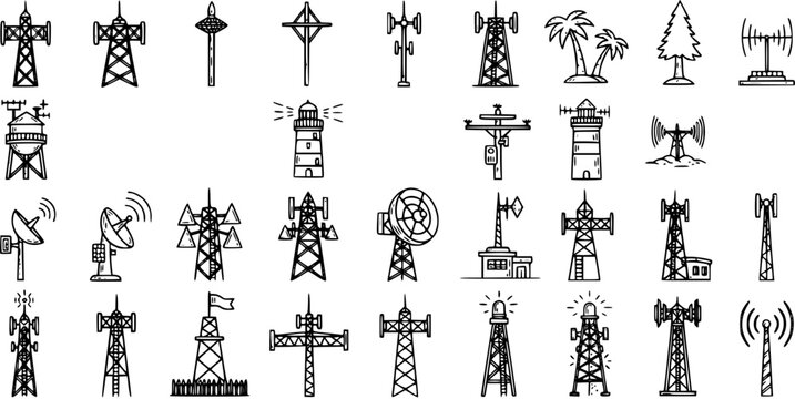 Hand Drawn Telecommunication Towers, Antennas, Lighthouses  Broadcasting Signals Vector Line Art Icons Set. Technology  Communication Doodles.