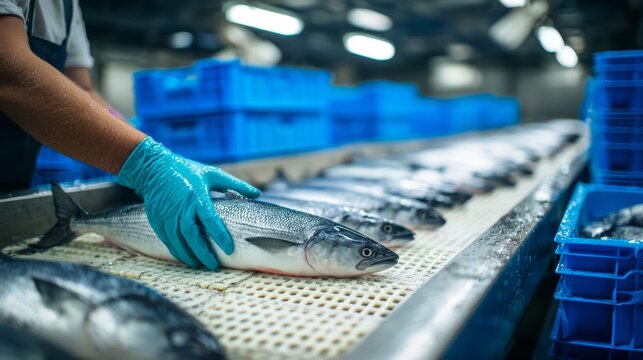 A fishery worker sorting fish on processing table and conveyor belt.