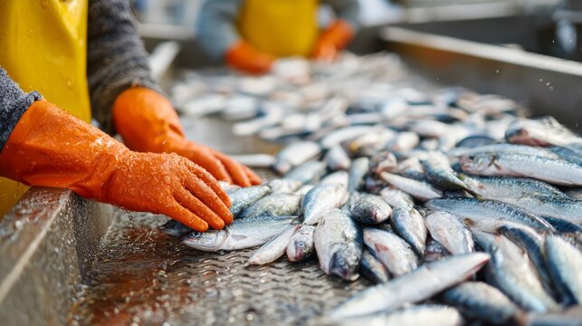 A fishery worker sorting fish on processing table and conveyor belt.