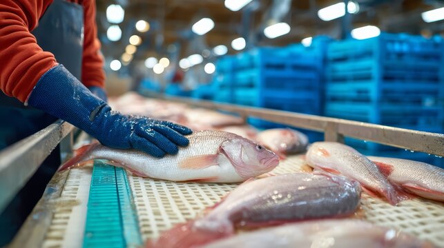 A fishery worker sorting fish on processing table and conveyor belt.