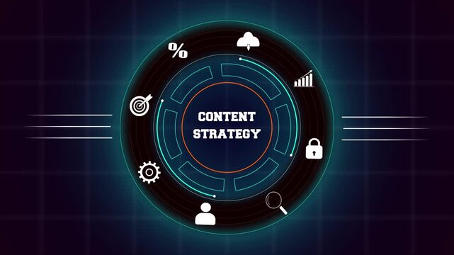 Business content strategy and digital media planning with hud animation featuring futuristic digital interface icons